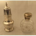 A hallmarked silver sifter, C.W. Birmingham 1928, 186g together with a cut glass silver topped scent