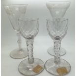 Four 18thC Georgian drinking glasses, 2 with faceted stems and bowls, others engraved with grapes