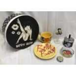 Betty Boop collectables, Hatbox 30.5cm d x 13cm h, large cup and saucer, drinking glass 18.5cms,