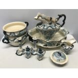 A jug and washbowl set in a blue and white floral pattern. Ten pieces. T.R and Co Derby.Condition