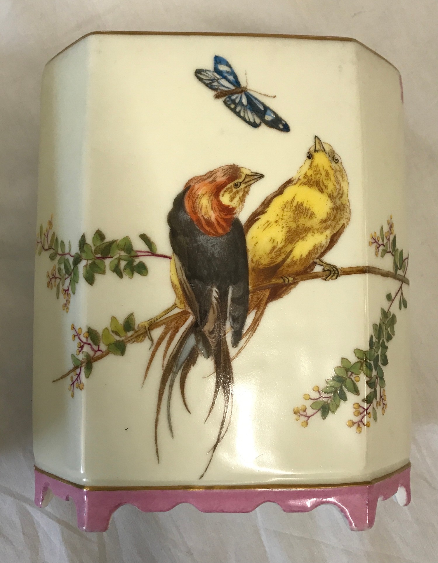 A pair of elongated hexagonal vases with birds and blossom decorative pattern 18cms together with - Image 5 of 8