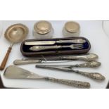 Hallmarked silver to include tea strainer, boxed knife and fork Sheffield 1859, button hook, glove