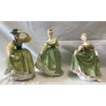 Three Royal Doulton figurines, Fair Lady HN2193 20cmh, Buttercup HN2309 19cm and Michele HN2234