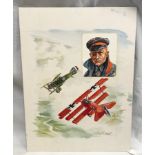 Unframed watercolour painting on card by Anthony Theobald 1985. WW1 aircraft dogfight, Red Barron