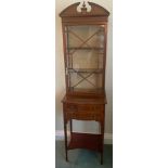 Edwardian mahogany inlaid display cabinet, single glazed door with swan neck pediment over 2 drawers