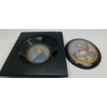 Two miniatures. One on porcelain 10cm x 8cm depicting a young woman with a pink headdress, the other
