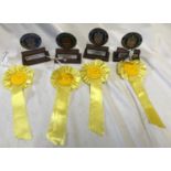 Rolls Royce Enthusiast Club badge trophies on wood bases with rosettes x 4. 13.5cms h.Condition