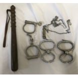 Policeman's truncheon, two pairs of handcuffs Hiatt maker, one with HCP stamp and a Metropolitan