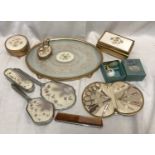 Gilt metal and needlework dressing table set, 4 pieces, Regent of London, chrome vanity brush and