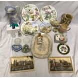 Pottery and glassware selection. Osborne plaques, Caverswall decorative plates, blue and white jug