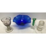 A selection of glassware to include a Murano green Sommerso vase 12cms h, a Steve Lindars blue glass