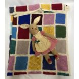 Hand made multi coloured wool blanket approx 192cm x 150cm together with a soft toy rabbit 50cm h.