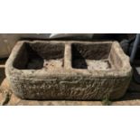 Craved limestone double bay planter 78cms w x 43cms l x 21cms h.Condition ReportOld chip to top back