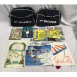 Two BOAC air travel bags together with Qantas and BOAC flight information brochures, 3 travel