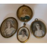 Four portrait miniatures of ladies of distinction on ivory. One signed Ricard. Largest 8cms x 6cms.