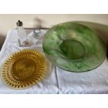 An assortment of glass ware to include a large green charger 43cms d, a sugar sifter with a