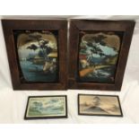 A pair of pine framed Japanese lacquer and oil painted panels, inside frame 26cm w x 34cm h, a small