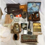 Mixed lot, small brown case, travel vanity set, leather satchel, needlework case, Speed the Plough