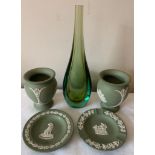 Wedgwood jasperware to include 2 vases, an ashtray and a pin dish together with a mid century glass