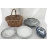 Two modern glass bowls with grey colouring 41cm and 29cm, a white ceramic bowl 30cm, a blue and