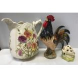 Mixed lot of Clarice Cliff Bizarre posy vase 10.5cm h. Babbacombe pottery cockerel 30cm h and a