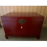 A Chinese box on stand. 75 w x 47 d x 53cms h.Condition ReportCrack to top.