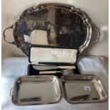 Selection of silver plated ware. Large oval tray 61cm x 39cm. B. Barnett Hull carving set and a