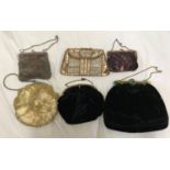 A selection of six ladies evening bags/purses. Two velvet, two sequin, one beaded and one steel