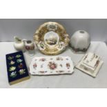 Selection of painted pottery including a pedestal dish with central panel of lake scene with gilt