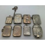 A selection of 8 Victorian and Edwardian hallmarked silver vesta cases. Various dates and makers.