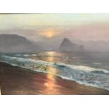 Gilt framed oil painting on canvas of a Sunset Beach scene signed Coulson. Painting size 51cms h x