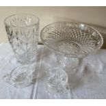 A selection of various glass items to include a tall cut glass vase 25cms h, a heavy cut glass