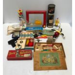 Selection of vintage toys, Sooty Xylophone tin, wooden building set, wooden Sweden bendy toy