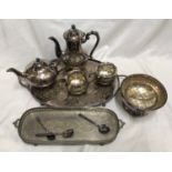 Selection of silver plate, 4 piece tea set, oval tray, rectangular tray, rose bowl with lion head