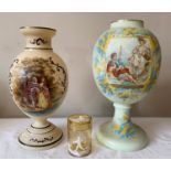 Two 19thC Victorian glass vases both depicting a young couple one pale green 39cms h and one cream