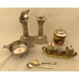 Silver plated ware to include a pair of Walker and Hall corintheum column candlesticks 15.5cm h