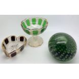 A 19thC green glass dump with bubbles and 2 glass and gilt decorated dishes.Condition ReportSome