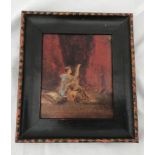 A small framed oil painting on wood panel of a portrait of a lady playing a mandolin. Signed