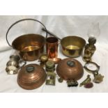 Copper and brassware, large and small jam pans, two copper bed warmers, oil lamp with gimble