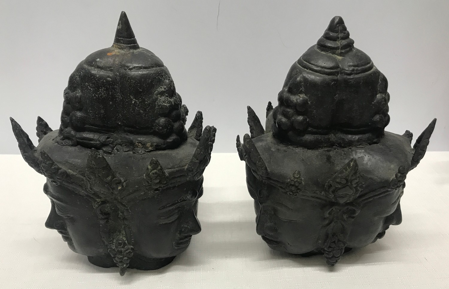 Pair of Tibetan bronze three headed busts 21cm h x 15cm w.Condition ReportMinor holes and - Image 4 of 11