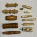 A selection of various needle cases to include 3 boxwood, 2 bone, 2 ivory, together with a part