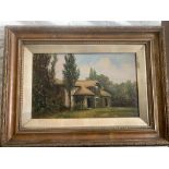 Oil on canvas, cottage in a wood in gilt frame signed lower right L ? Lewis. 24.5 x 39.5cms