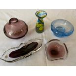 Five pieces of mid century glass to include a Flygsfors - 61 Coquille purple ashtray, a Holmegaard