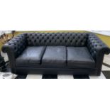 Two black leather button backed Chesterfield sofas. 190 l x 65 h x 87 d.Condition ReportLeather