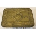 A WWI Queen Mary Christmas 1914 Gift brass tobacco tin.Condition ReportMinor dents, age elated wear.