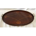 Large mahogany oval tray with brass handles and painted swag decoration and folding stand base. 68 x