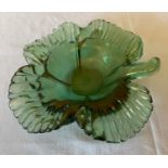 A green glass clover leaf dish. 27cms at widest point.Condition ReportNo chips. Slightly cloudy/