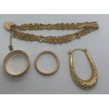 Nine carat gold to include gold bracelet, 2 wedding bands and a single earring. 12.1gms total.