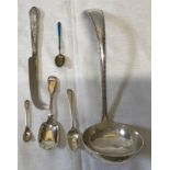 Three hallmarked silver spoons weight 38gms together with a silver plated ladle, a small white metal