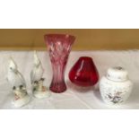 A mixed selection to include a cranberry glass goblet 20cms h, a cut glass vase 30cms h, a pair of
